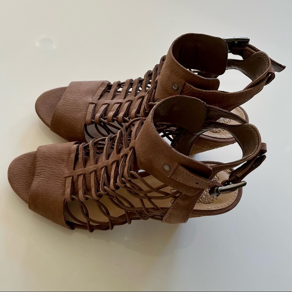 Vince Camuto Taupe Suede Evel Caged Ankle Open Toe Sandals size 7.5 - Picture 2 of 7